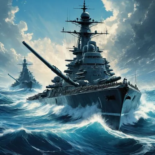 A military battleship with long naval guns cuts through the blue waves of the ocean, the blue sky,,scharnhorst,uss alabama,battleships,leberecht,yamato,battlecruisers,jmsdf,usn,battleship,warships,sea