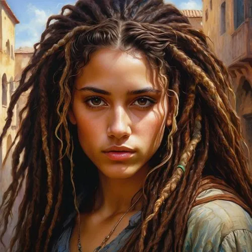 dreadlocks,girl portrait,girl in a historic way,oil painting on canvas,mystical portrait of a girl,woman of straw,oil painting,twists,portrait of a girl,young woman,dread,romantic portrait,willow,african american woman,dreads,ancient egyptian girl,italian painter,boho art,gypsy hair,fantasy portrait,Photography,Documentary Photography,Documentary Photography 37