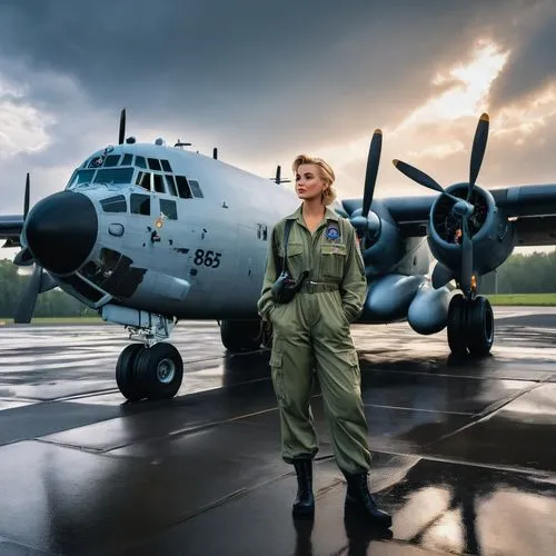 Huge Close-up of a a gorgeous and stunning 32 years old female 1955 Pilot with blonde short 1955 hairdo wearing full USAF summer flight gear and light-green overall, black fingerless leather gloves an