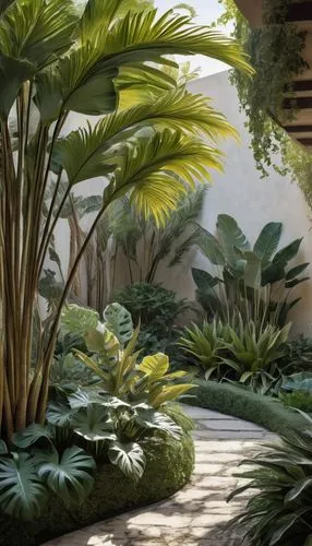 Architectural plants, dry shade, tropical feel, exotic foliage, palmate leaves, sturdy stems, variegated patterns, subtle color tones, low-maintenance, drought-tolerant, urban landscape, modern garden