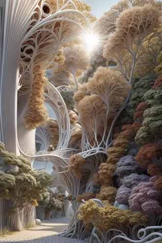 mandelbulb,mushroom landscape,fantasy landscape,fractal environment,3d fantasy,fractals art,fairy world,fairy forest,virtual landscape,tree grove,forest of dreams,dune landscape,cartoon forest,tree of life,fantasy picture,fantasy art,deciduous forest,forest landscape,crooked forest,enchanted forest