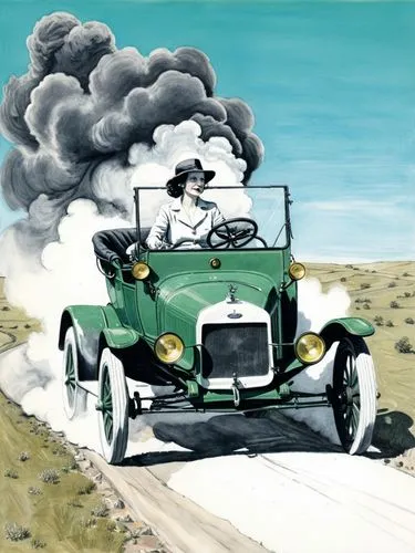 Pen drawing: Mrs. Clara Jane Ford is at the center of the action. She is driving a Ford (Model T) through a Texan landscape, its dark green paint reflecting the bright sunlight. The intricate details 