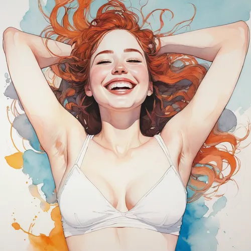 ecstatic,watercolor pin up,a girl's smile,grinning,radiant,grin,girl on a white background,more radiant,smiling,a smile,joy,redheads,laugh,young woman,killer smile,swimmer,color pencils,red-haired,milk splash,laughter,Illustration,Paper based,Paper Based 19