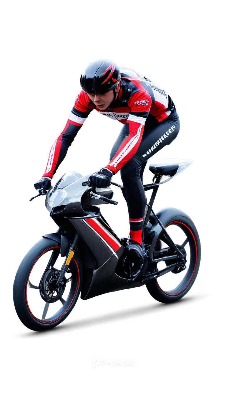 racing bike, sporty, solo, shiny metal body, low seat, curved handlebars, narrow tires, disk brakes, red stripes, carbon fiber wheels, dynamic pose, speeding, motion blur, asphalt road, 3/4 compositio