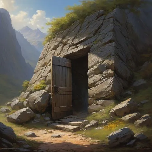 large dominating rock wall with a small door that opens to a new world of hope,alpine hut,the threshold of the house,mountain settlement,privies,outhouse,wooden hut,ancient house,threshhold,wooden doo