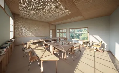 school design,daylighting,lecture room,3d rendering,study room,classroom,dining table,dining room table,dining room,kitchen & dining room table,kitchen table,breakfast room,conference table,conference room table,school desk,conference room,render,class room,wooden roof,wooden desk