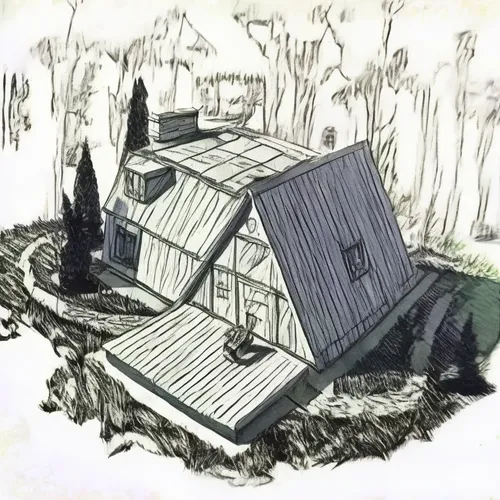 a sketch showing an unfinished building in the snow,house drawing,house in the forest,log home,houses clipart,small house,cabane