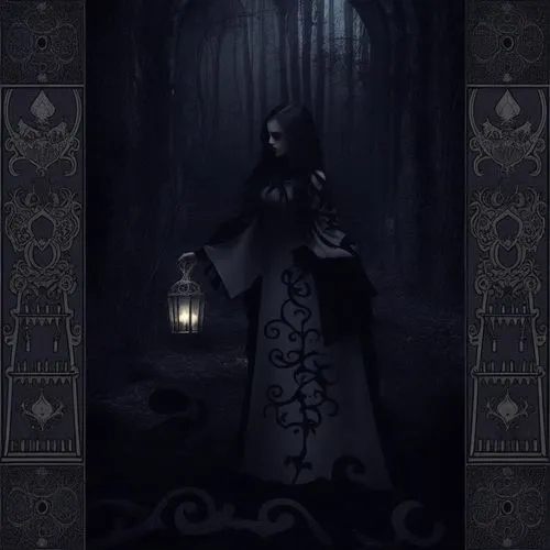 the ghost stands in the dark forest holding a lantern,gothic woman,dark gothic mood,gothic portrait,dark art,gothic dress,gothic style,Illustration,Realistic Fantasy,Realistic Fantasy 46