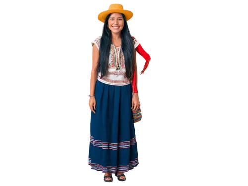 Traditional Peruvian woman, indigenous clothing, vibrant colorful textiles, long black hair, warm smile, golden earrings, layered skirts, woven bags, traditional hat, gentle posture, standing, Andean 