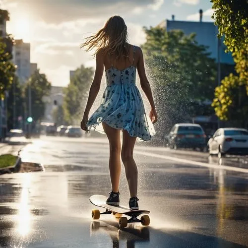 Full Body Frame, double exposure,beautiful 20 year woman. Go skateboarding in the big street.Detailed  dress up
 for a Halloween party. Super detailed photography, Play of light in the sun rain, downp