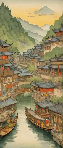 oriental painting,chinese art,oriental,japanese art,cool woodblock images,japan landscape,chinese architecture,yunnan,asian architecture,bukchon,luo han guo,tong sui,panokseon,fishing village,korean folk village,south korea,guizhou,yi sun sin,korean culture,hanok,Illustration,Realistic Fantasy,Realistic Fantasy 31