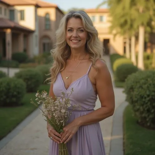 Mature lady, standing, periwinkle dress, long curly hair, subtle makeup, gentle smile, elegant posture, holding a delicate flower vase, luxurious villa, residential area, warm afternoon sunlight, soft