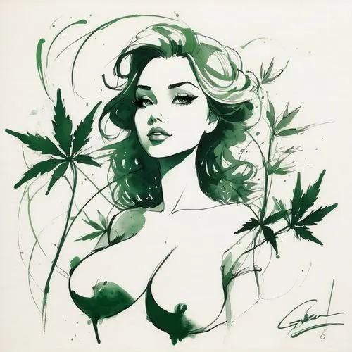 maryjane,sativa,leaf drawing,watercolor pin up,exotica,flora,Illustration,Black and White,Black and White 08