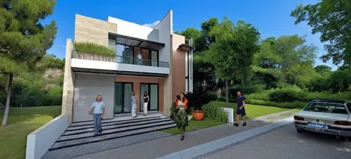 DISEÑO EXTERIOR DE UNA CASA ESTILO RESIDENCIAL, CON MUROS CON MARMOL TRAVERTINO Y MUROS EN COLOR BLANCO Y GRIS, AÑADE AUTOS, PERSONAS Y VEGETACIÓN,CORRECCION DE ERRORES, FOTOGRAFIA HIPERREALISTA,a lar