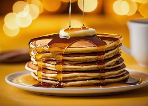 Flaccid pancake, sweet dessert, soft texture, golden brown color, rounded shape, syrup dripping, butter melting, morning breakfast, kitchen table, warm lighting, shallow depth of field, close-up shot,