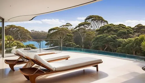 Australian modern house, luxurious villa, curved lines, large windows, sliding glass doors, wooden decks, outdoor pool, sun loungers, tropical plants, palm trees, Sydney Opera House-inspired roof, whi