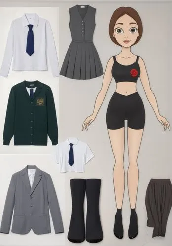 Paper dolls British 16 year old schoolgirl in black sleeveless shirt ,black tight fit spandex shorts with black sock and black shoe standing surrounded by with a set of British school uniform, white d