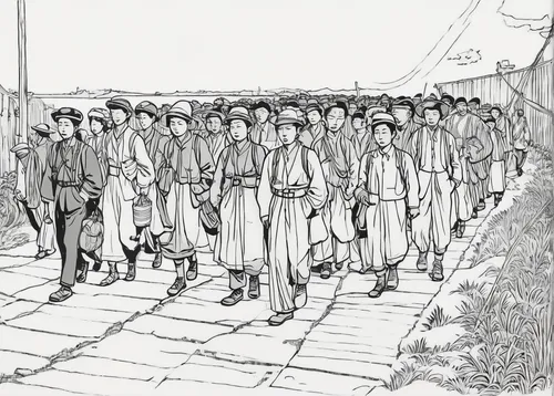 pilgrims,the pied piper of hamelin,ancient parade,marching,cossacks,mono-line line art,pathfinders,monks,korean history,procession,guards of the canyon,seven citizens of the country,rome 2,forest workers,the army,nomads,soldiers,quarterstaff,swordsmen,mono line art,Illustration,Black and White,Black and White 24