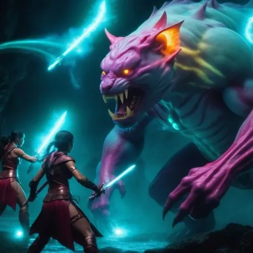 A homunculus fighting female Amazon warriors with glowing magic swords,two women with demon eyes and demon claws,drakenstein,arenanet,draka,elementals,synar,kaido