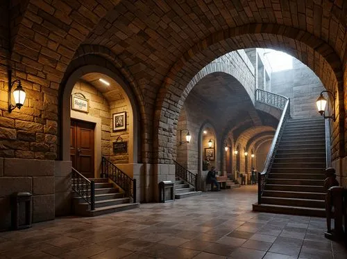 \Rustic underground metro station, rugged stone walls, arched vaults, groin vaults, ribbed ceilings, ornate columns, grand staircases, intricate carvings, earthy color palette, rough-hewn stones, bric