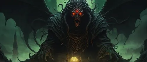 Eldritch, grotesque Azathoth, blind idiot god, twisted, tentacle-like hair, glowing red eyes, pale, bulbous skin, ornate, ancient tome-bound chest, tattered, black robes with golden trim, intricate, c