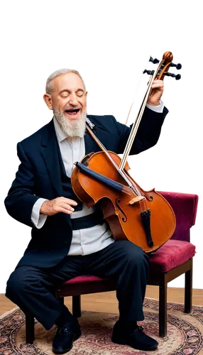 Traditional Jewish musician, old man, beard, sidelocks, kippah, tallit, violin, bowing, closed eyes, happy expression, ornate wooden chair, velvet cloth, golden menorah, warm candlelight, intimate set