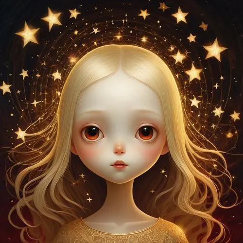 mystical portrait of a girl,zodiac sign libra,starry,falling star,fantasy portrait,gold foil mermaid,starry sky,horoscope libra,starlight,stars,fairy galaxy,stary,night stars,star sign,golden apple,golden mask,star scatter,falling stars,little girl fairy,the stars,Photography,General,Realistic