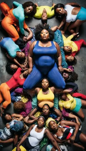 Photography of a big and massively group of african women in spandex bodies, piled on top of each other in a big mess in the limited space. In front of the women is a dark concrete doorway from which 