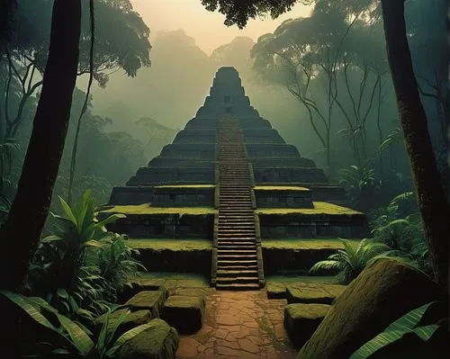 Ancient Mesoamerican temple, Olmec style, stone structures, intricate carvings, jungle surroundings, vines crawling up walls, misty atmosphere, warm lighting, dense foliage, exotic plants, mysterious 