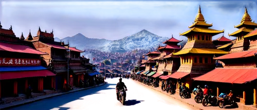 Kathmandu cityscape, Himalayan mountains background, ancient temples, vibrant colors, intricate carvings, golden roofs, Nepalese architecture, crowded streets, motorbikes, rickshaws, prayer flags, str