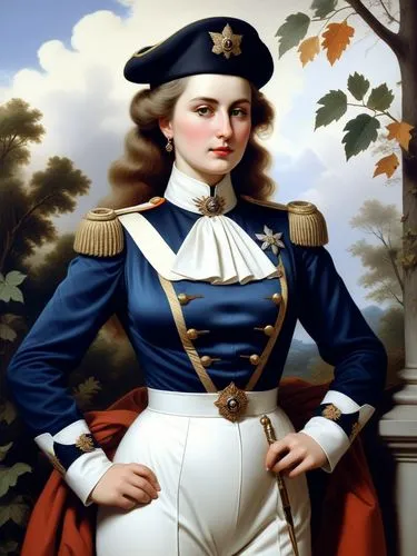 But how does she look like in her dark blue Prussian uniform? Miss Colonel-General Viktoria-Louise von Manteuffel.,this portrait of a woman wearing an officer's uniform is part of the female - only co