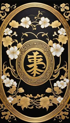 Traditional Japanese family crest, intricate design, gold and black colors, symmetrical composition, circular shape, paulownia flowers, stylized waves, kanji characters, bold brushstrokes, ornate deta