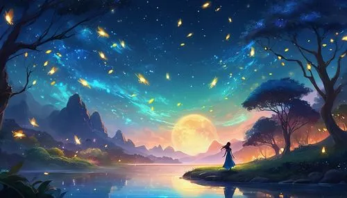 fantasy picture,fantasy landscape,landscape background,world digital painting,fairy world,fantasia,magical,fantasy art,dream world,moon and star background,forest of dreams,dusk background,fireflies,art background,the mystical path,cg artwork,fantasy world,music background,fairy galaxy,creative background,Illustration,Realistic Fantasy,Realistic Fantasy 01