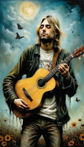 cobain,ofarim,voormann,guitar player,shiflett,painted guitar,troubadour,cavaquinho,troubador,difranco,banjo player,guitarra,guitar,freebird,lennon,corabi,kurt,grohl,kesterson,acoustic guitar,Illustration,Realistic Fantasy,Realistic Fantasy 34