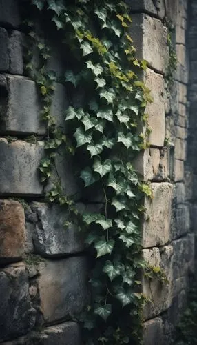 ancient wall, stone texture, cracked surface, ivy climbing, mysterious ambiance, old castle, medieval setting, misty atmosphere, dramatic lighting, 3/4 composition, narrow depth of field, warm color t