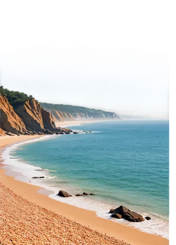 Seashore, calm ocean waves, transparent water, sandy beach, rocks in background, morning mist, gentle breeze, soft sunlight, warm color tone, shallow depth of field, 3/4 composition, realistic, ambien