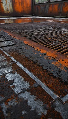 metal rusted floor grill, close-up texture detail, brown-orange rust patterns, weathered steel, industrial setting, abandoned factory, concrete walls, dim lighting, shadows, wide-angle shot, high-reso