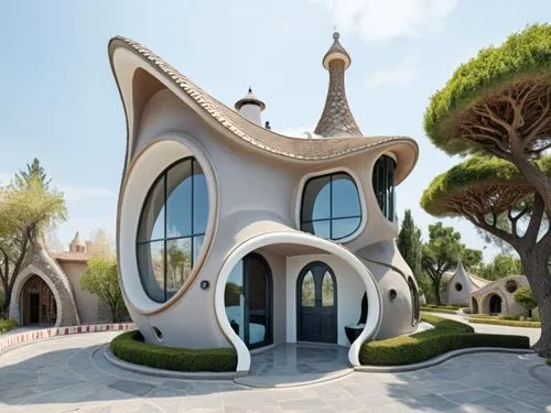 modern guardhouse, sleeping space , small toilet,a picture of a weird house with plants in it,roof domes,islamic architectural,house of allah,superadobe,earthship,crooked house,Photography,General,Rea