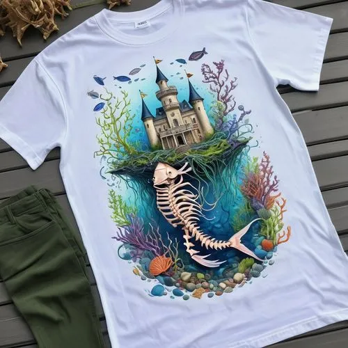 print on t-shirt,disneyfied,t-shirt printing,fairy tale castle,hogwarts,mermaid skeleton,Illustration,Realistic Fantasy,Realistic Fantasy 19