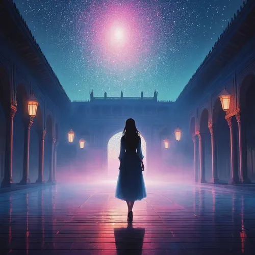 fantasia,starlight,cinderella,cg artwork,libra,falling star,astral traveler,sci fiction illustration,before the dawn,falling stars,violet evergarden,girl walking away,starscape,light of night,merida,cosmos,hall of the fallen,lantern,celestial,the stars,Conceptual Art,Fantasy,Fantasy 32