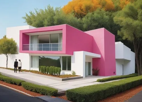 DISEÑO EXTERIOR DE UNA CASA ESTILO MINIMALISTA UBICADA EN UNA ESQUINA, USANDO EL COLOR ROSA MEXICANO COMO COLOR DE CONTRASTE CON LOS MUROS BLANCOS, UBICADA EN UN FRACCIONAMIENTO RESIDENCIAL, CALLES DE