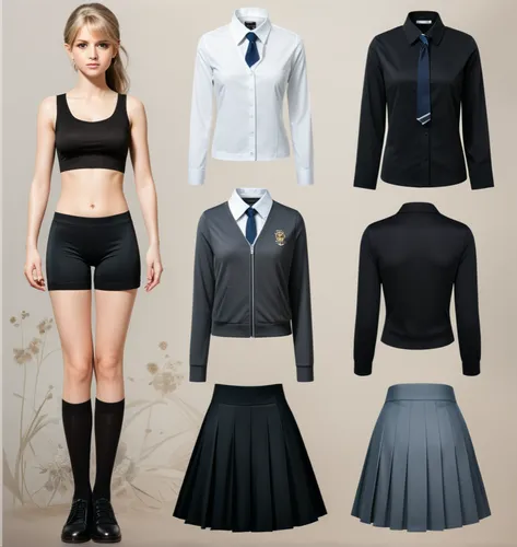 Paper doll British school girl in black sleeveless shirt ,black tight fit spandex shorts with black sock and shoe standing surrounded by with a set of british school uniform, shirt, grey pleated skirt