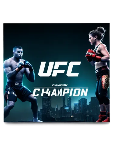 UFC, background, poster, dark gradient, cityscape at night, skyscraper, neon lights, bold font, champion belt, fighting gloves, punching bag, heavy punching sound effect, intense spotlight, low-angle 