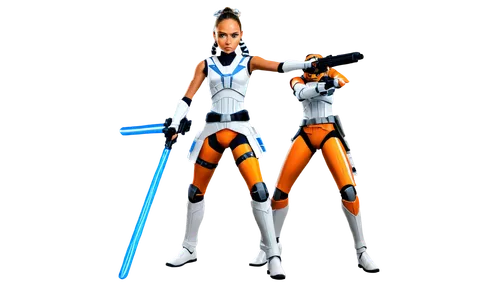 Ahsoka Tano, young Padawan, Clone Wars era, solo, (16yo), determined expression, orange skin tone, white lightsaber, ponytail hair, Clone Trooper armor, blaster rifle, action pose, dynamic composition