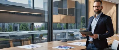 Modern architect, male, 35yo, glasses, short hair, beard, formal wear, holding a tablet, standing in front of a large screen displaying a 3D CAD model, sleek modern office interior, wooden floor, glas