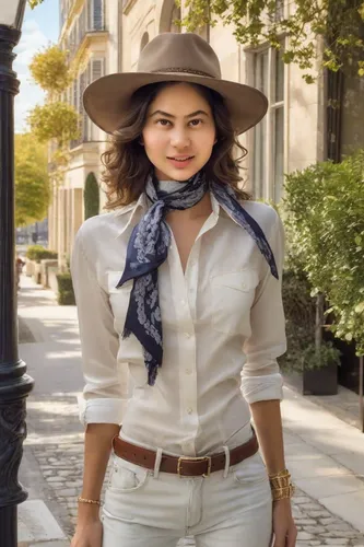 Wear a western cowgirl outfit, jeans shirt, jeans, leather hat, belt, boots.,menswear for women,fedora,woman in menswear,panama hat,trilby,brown hat,scarf,the hat-female,women fashion,park ranger,woma