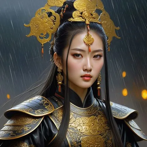 very beautiful charming Chinese woman with very beautiful expressive eyes, sparkling pupils, beautiful thin lips, beautiful long hair, martial artist , dressed in black armor with golden patterns of a