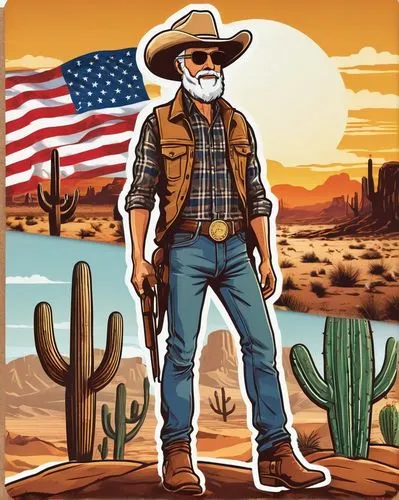 Waylon Smithers, cowboy hat, rugged beard, sunglasses, plaid shirt, denim jeans, boots, horse riding, desert landscape, cacti, sunset, dusty terrain, vintage filter, gritty texture, cinematic composit