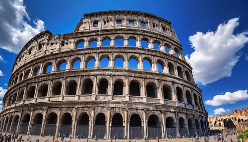 Ancient Roman architecture, Colosseum, massive stone structure, arches, columns, grand entrance, ornate carvings, weathered stones, worn-out steps, ancient ruins, Italy, Rome, sunny day, blue sky with