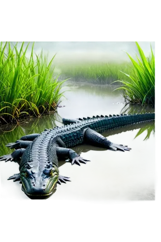 alligator, swamp creature, scaly skin, sharp teeth, powerful jaws, greenish-black color, long tail, strong legs, muddy habitat, water plants surrounding, morning mist, soft warm lighting, 3/4 composit